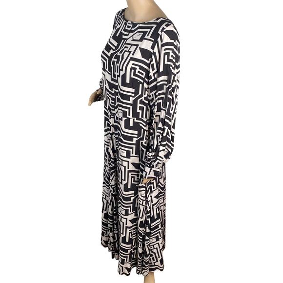 H&M x Richard Allan Black White Geometric Pattern Flowy Midi Dress SZ 12 - Picture 8 of 11